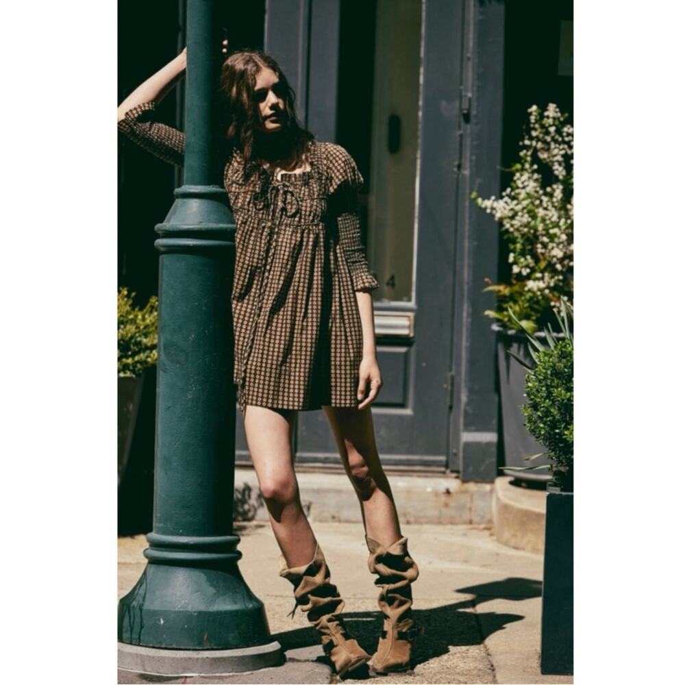 Free People Retro 70s Babydoll Star Dip Mini Dress in Black Combo Size Large - Picture 8 of 16